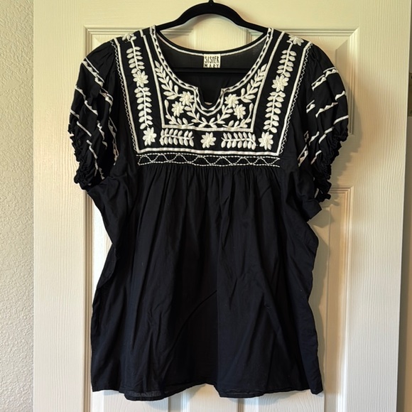Sister Mary Tops - Black and White Embroidered Women's Top